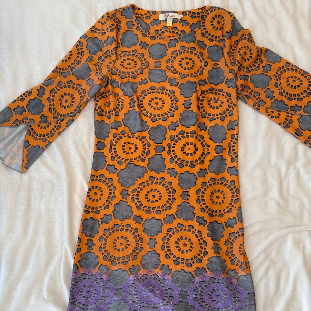 Aryeh Orange & Purple Laser Cut Dress – Boho African-Inspired Print Size S